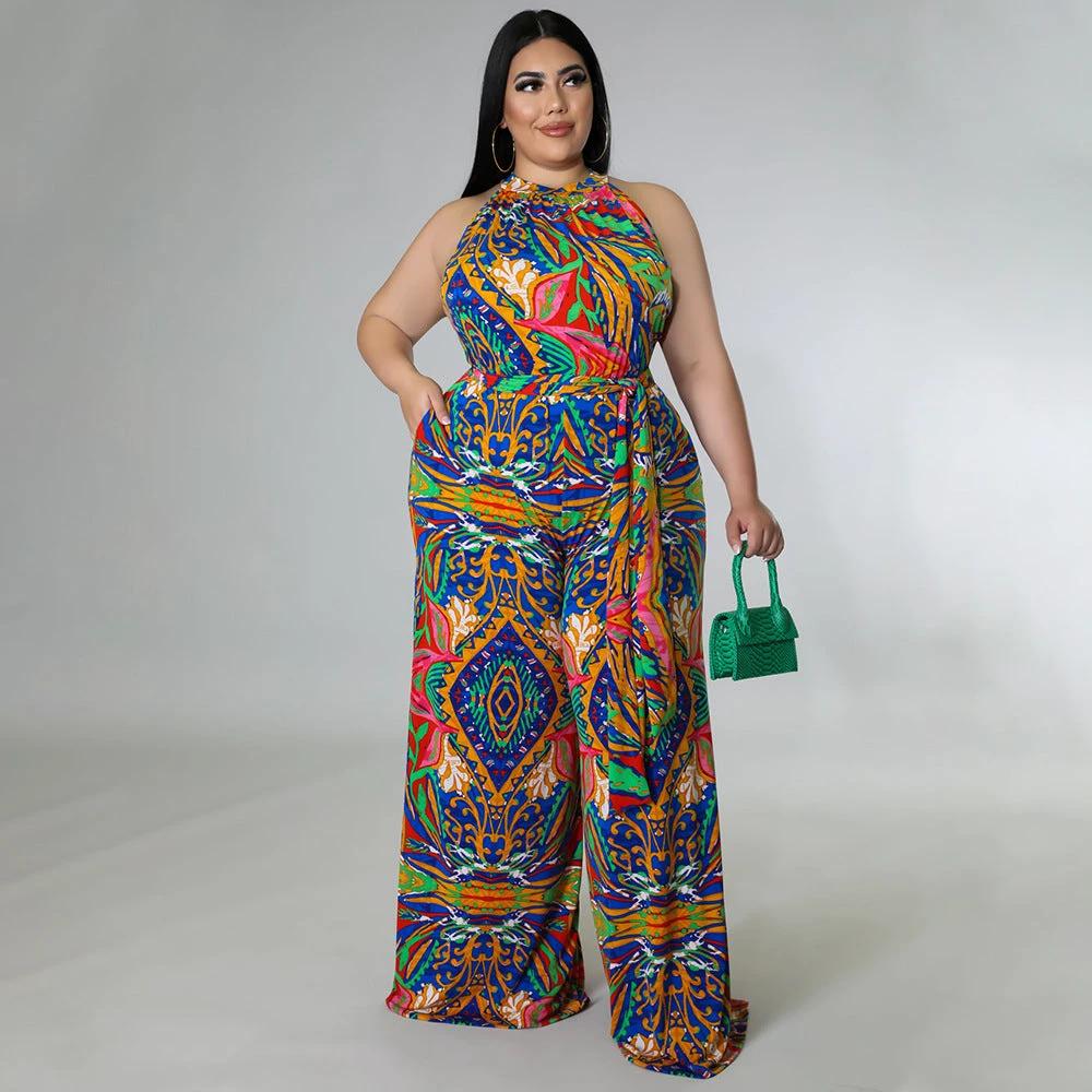 Women's Casual Halter neck Printed Jumpsuit With Belt Plus Size by GJG Denim