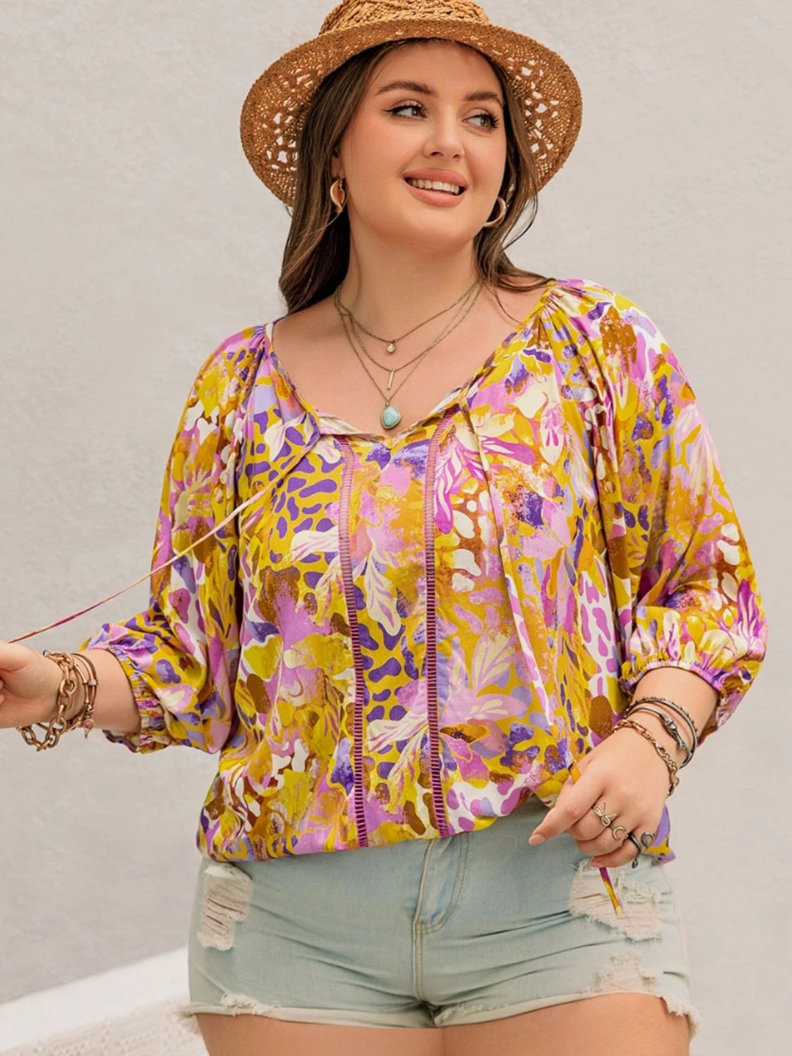 Plus Size Printed Tie Neck Blouse by Lady Ros