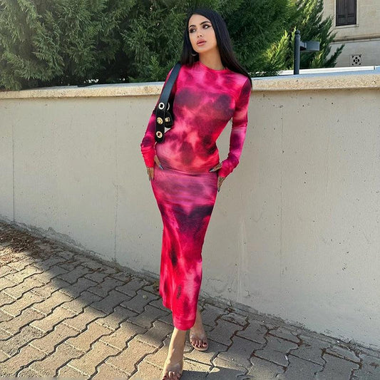 Fashion Tie-dye Long-sleeved Dress Slim Fit Hip-hugging Long Dress Womens Clothing by GJG Denim