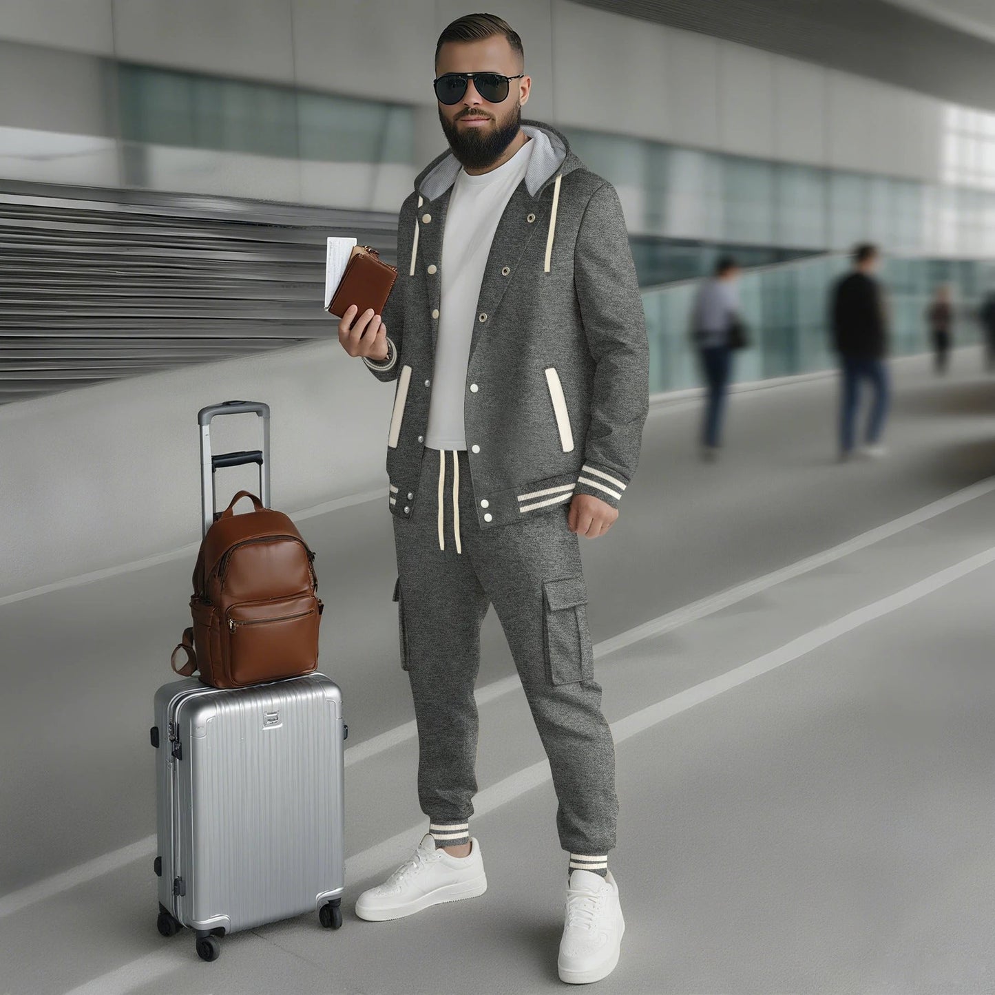 Men's Large Twill Hooded Baseball Jacket Cardigan Long Sleeve Pants Set by GJG Denim