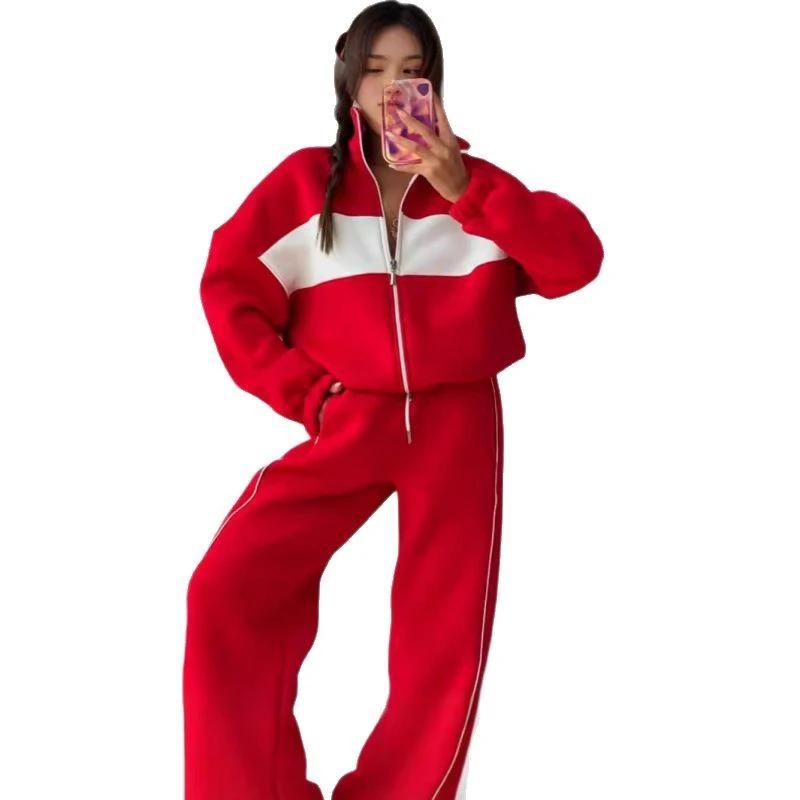 Women's Casual Advanced Contrast Color Comfortable Loose Sweater Pants Suit by GJG Denim