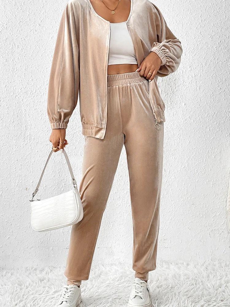 New Solid Color Velvet Casual Fashion Set Female Simple Versatile Home Two-piece Set Female by GJG Denim