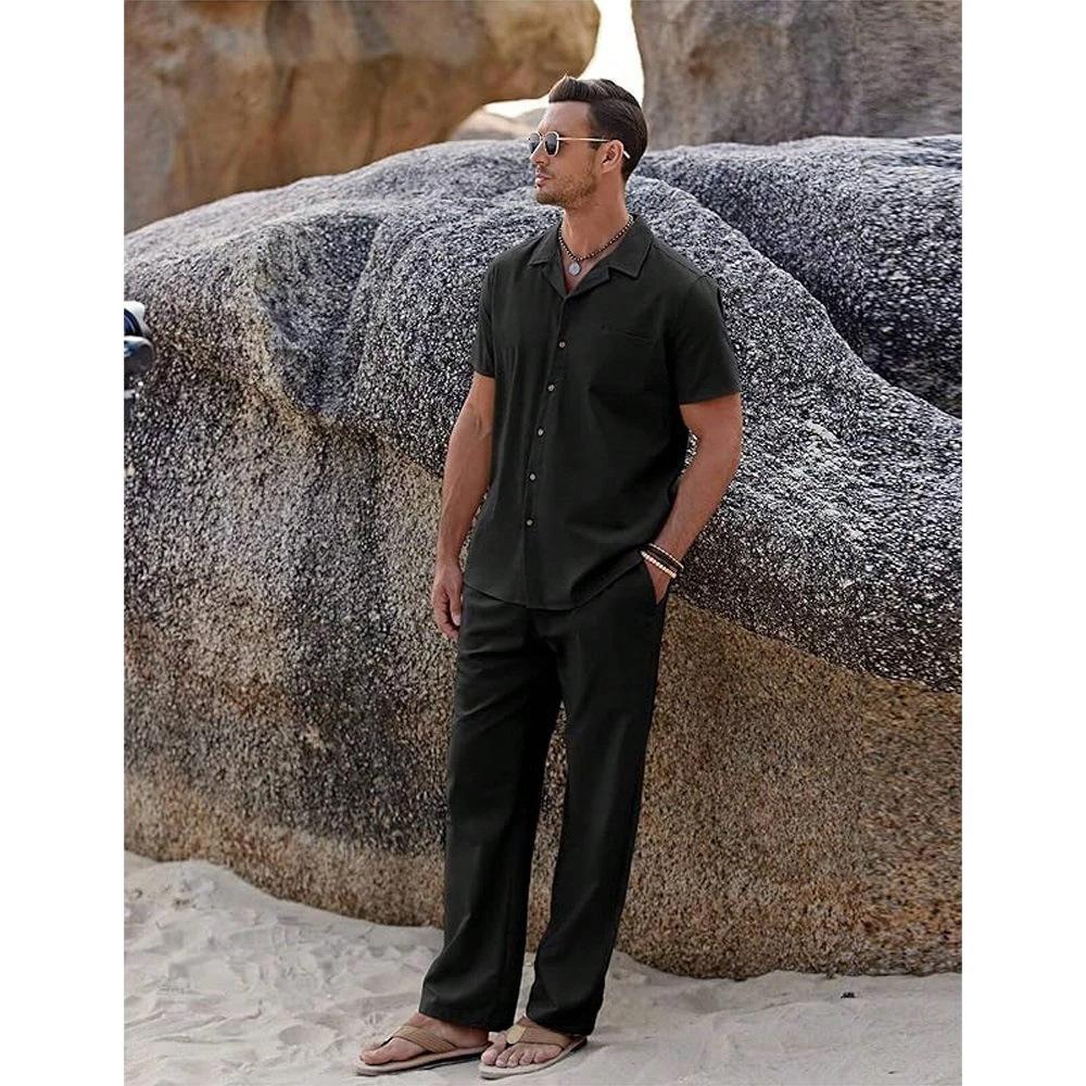 Men's Vintage Short-sleeve Shirt And Casual Trousers Two-piece Set by GJG Denim