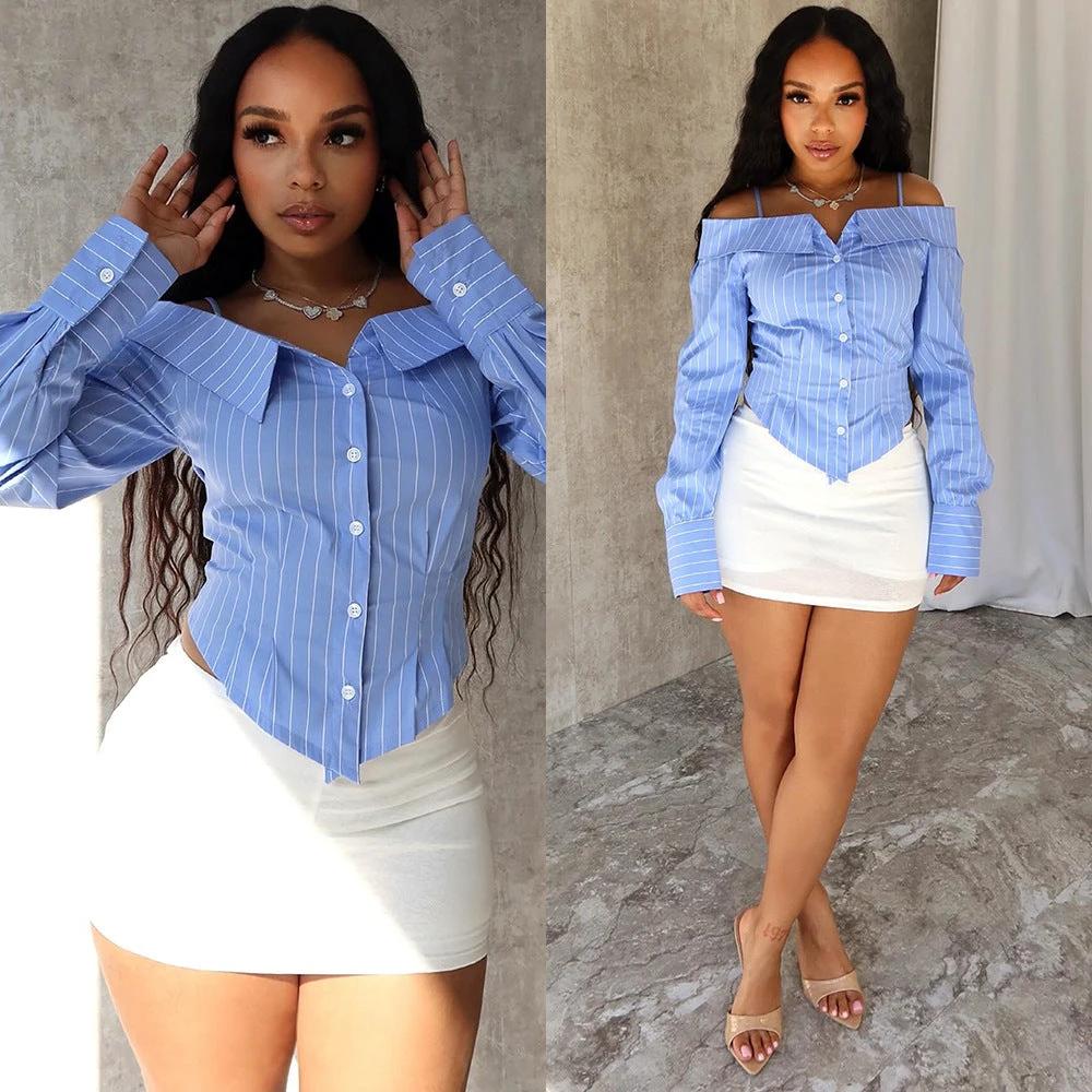 Hot Girl Style Women's Clothing Shirt Long Sleeve Off-the-shoulder Shirt Women by GJG Denim