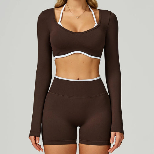 Seamless Color-blocking Yoga Set With Hollow Back And High-waist Fitness Wear by GJG Denim
