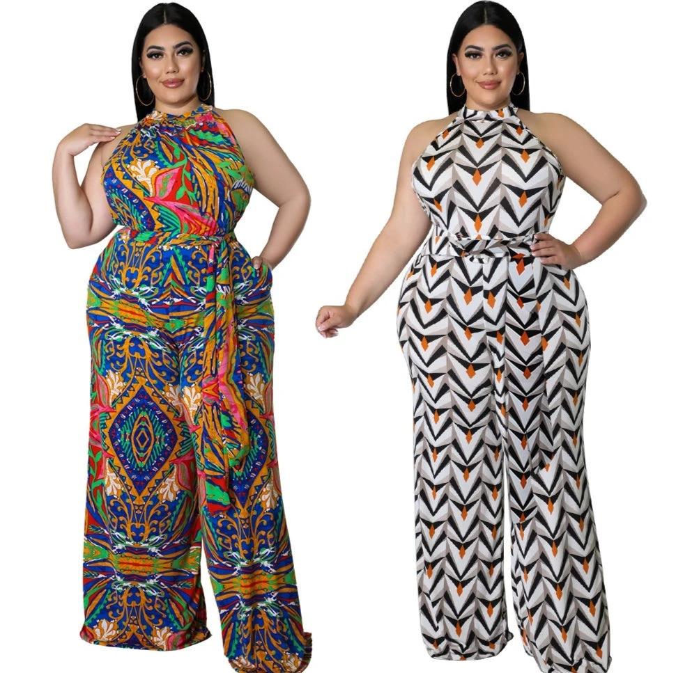 Women's Casual Halter neck Printed Jumpsuit With Belt Plus Size by GJG Denim