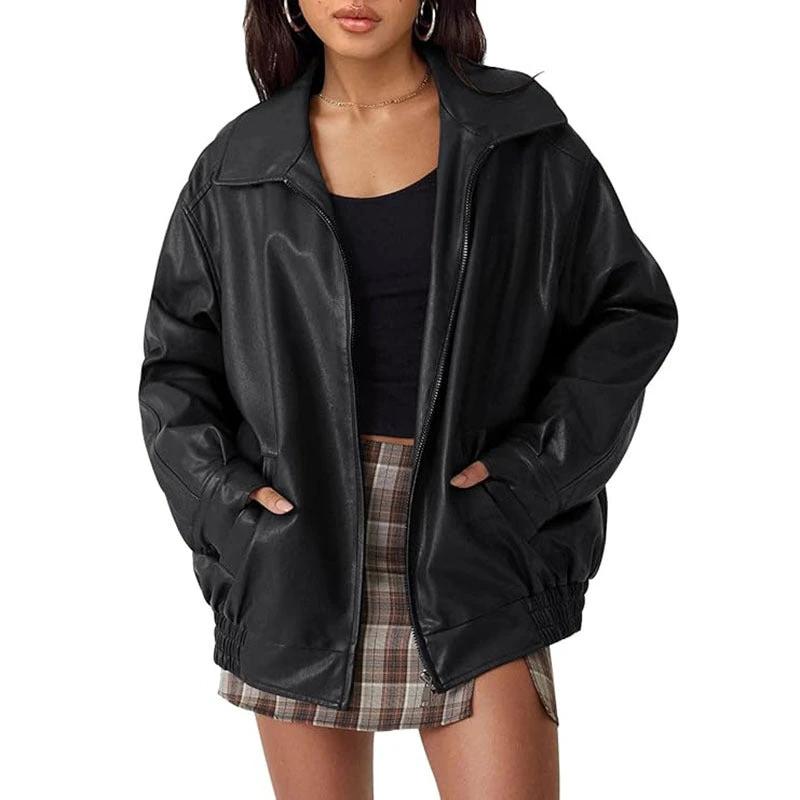 Spring And Autumn European And American Leather Jacket Locomotive Style Loose Top Coat Women by GJG Denim