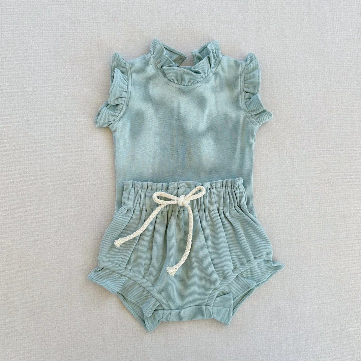 Rib Cotton Short Sleeve Wooden Ear Rompers Jumpsuit by GJG Denim