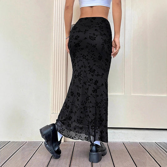 Dark Green Floral Half-length Fishtail Skirt For Women by GJG Denim