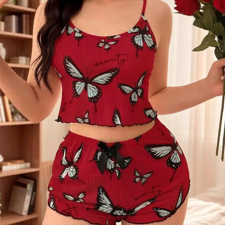 Women's Summer Thin Ribbed Home Wear Pajama Set Sexy Two-Piece by GJG Denim