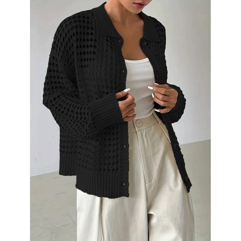 Women's Plus Size Cardigan Lightweight Hollow Out V-Neck Button Down Long Sleeve Knit Coat, 0XL-4XL by GJG Denim