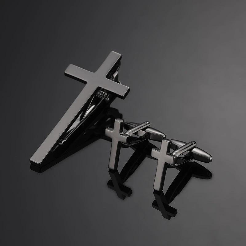 Gold Silver Black Square Brushed Tie Clip And Cufflinks by GJG Denim