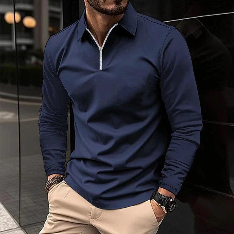 Zipper Men's Solid Color Long Sleeve Sports Polo Shirt by GJG Denim