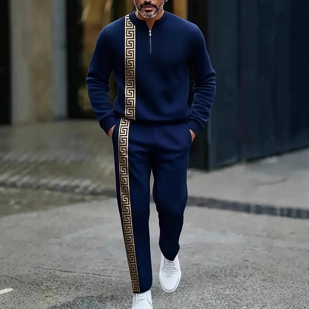 Long-sleeve Polo Shirt Long Pants Half-zip Placket Casual Sportswear Set For Men by GJG Denim