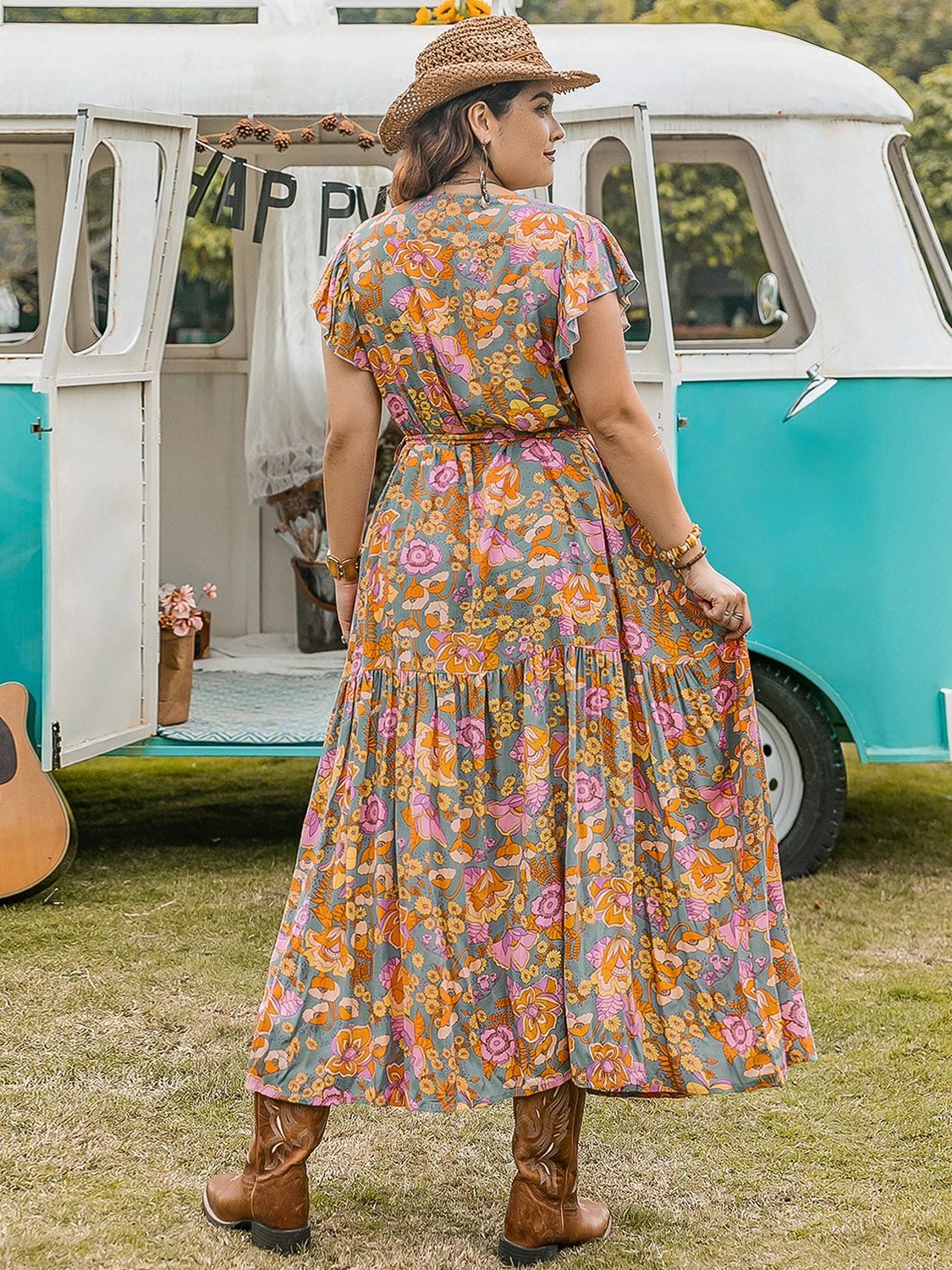 Plus Size Ruffled Printed Cap Sleeve Dress by Lady Ros