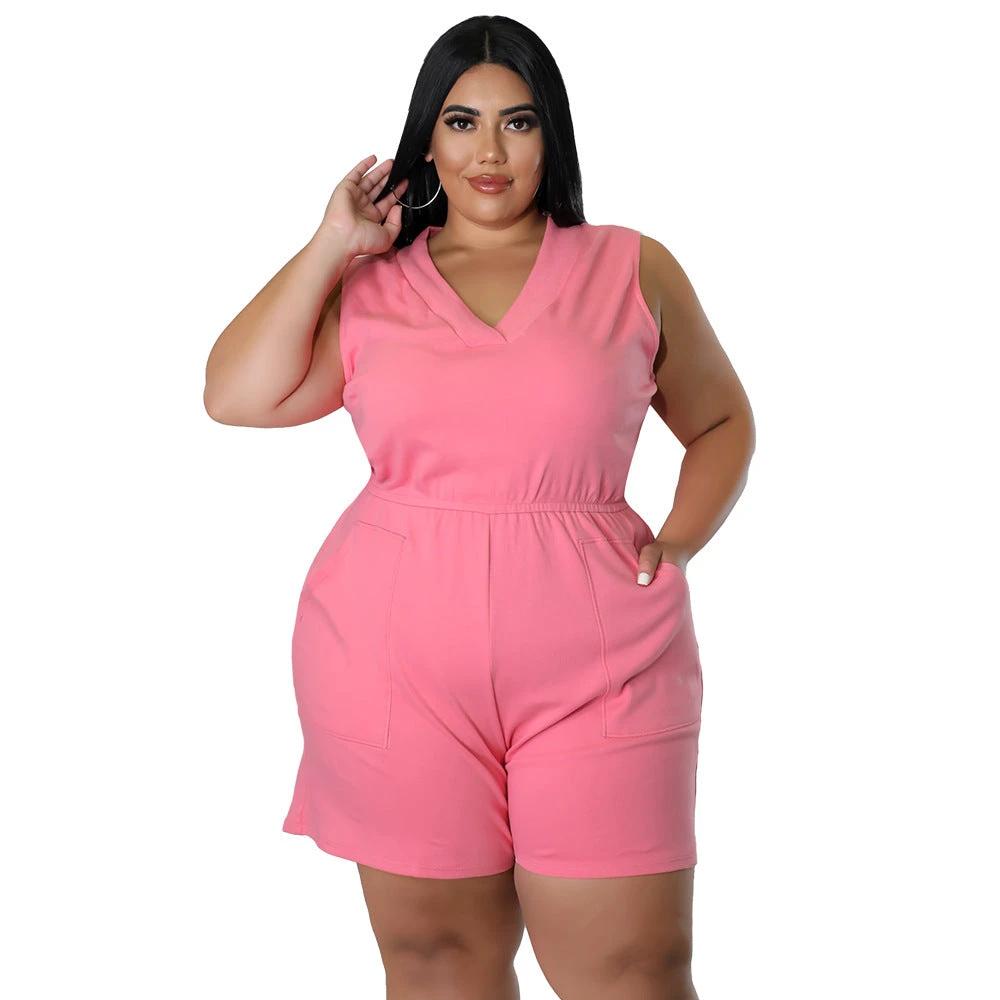 Plus Size Women's V-neck Solid Color Sleeveless Casual Waist Overalls by GJG Denim