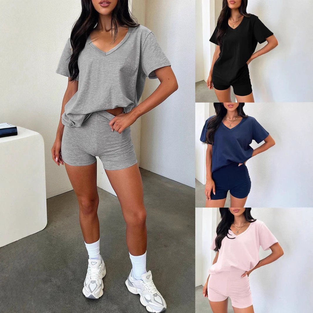 V-neck Fashion Solid Color Casual Fashion Shorts Suit Women by GJG Denim