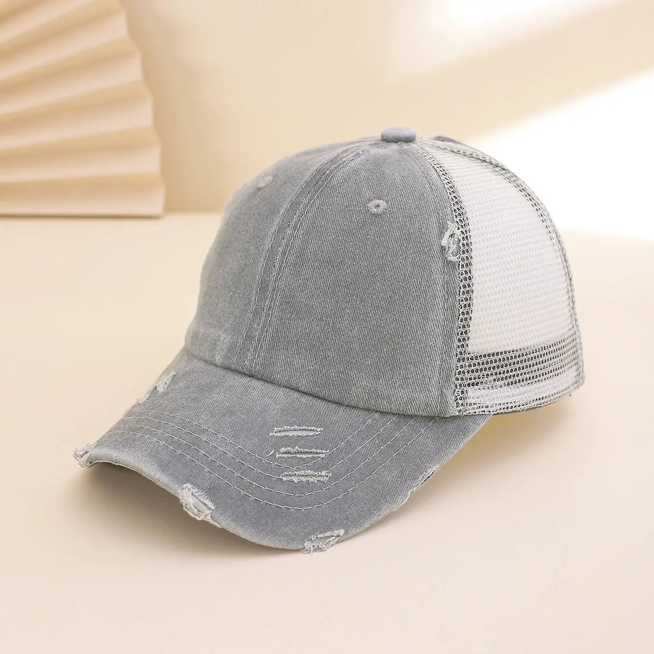 Solid-color, Frayed, Washed-out, Distressed, Mesh-patterned Cap - A Trendy, Youthful, Versatile Baseball Cap That Suits Both Daily Commuting And Outdoor Activities. by GJG Denim