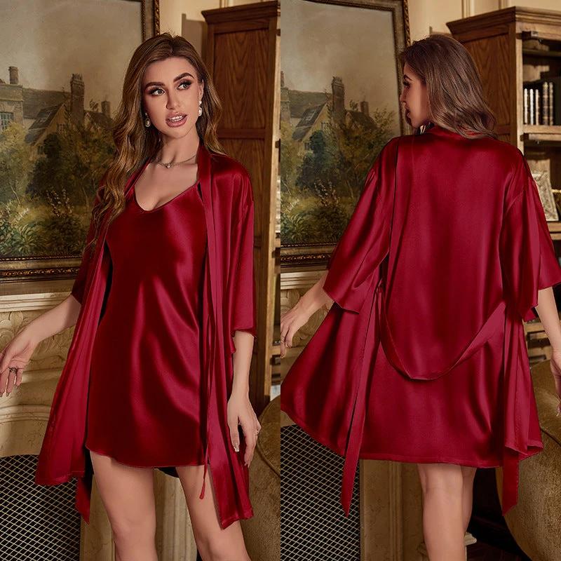 Ice Silk Pajamas For Women Summer Robe Two-piece Sling Sexy by GJG Denim