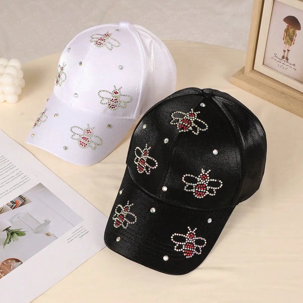 Women's Solid-color Beaded Bee Velvet Soft Sun-protective Trendy Baseball Cap, Suitable For Summer Outings And Shopping. by GJG Denim