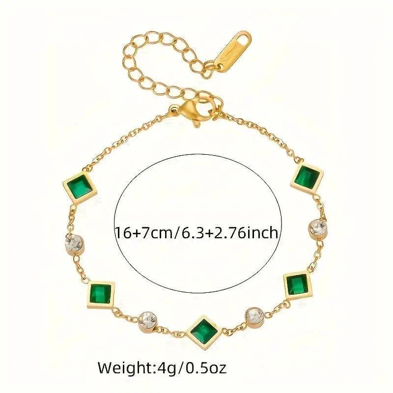 Fashion Gold-plated Titanium Steel Square Emerald Inlaid Rhinestone Bracelet by GJG Denim