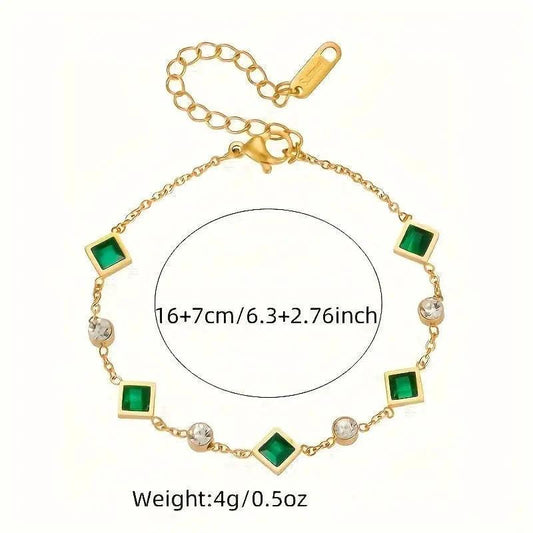 Fashion Gold-plated Titanium Steel Square Emerald Inlaid Rhinestone Bracelet by GJG Denim
