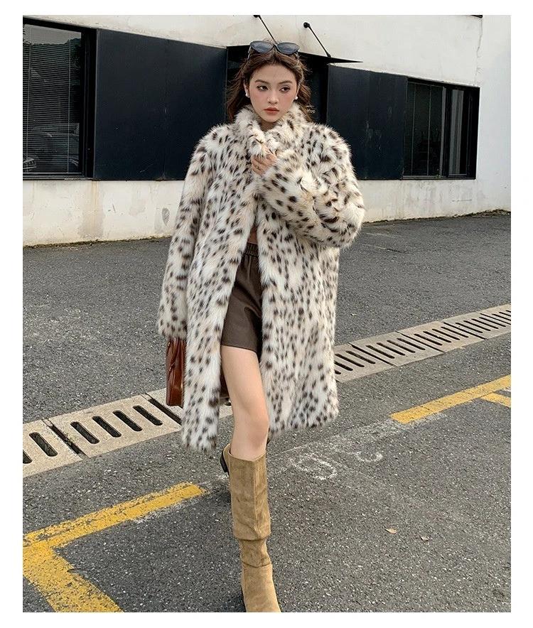 Leopard-print Fur And Lapel Fur Coat For Women by GJG Denim