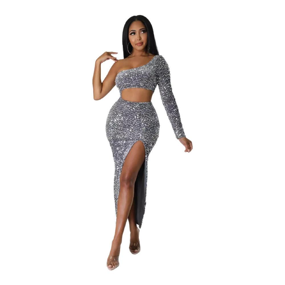 One-shoulder Fashionable Sequins Sexy Navel Split Hip Women's Clothing Dress by GJG Denim
