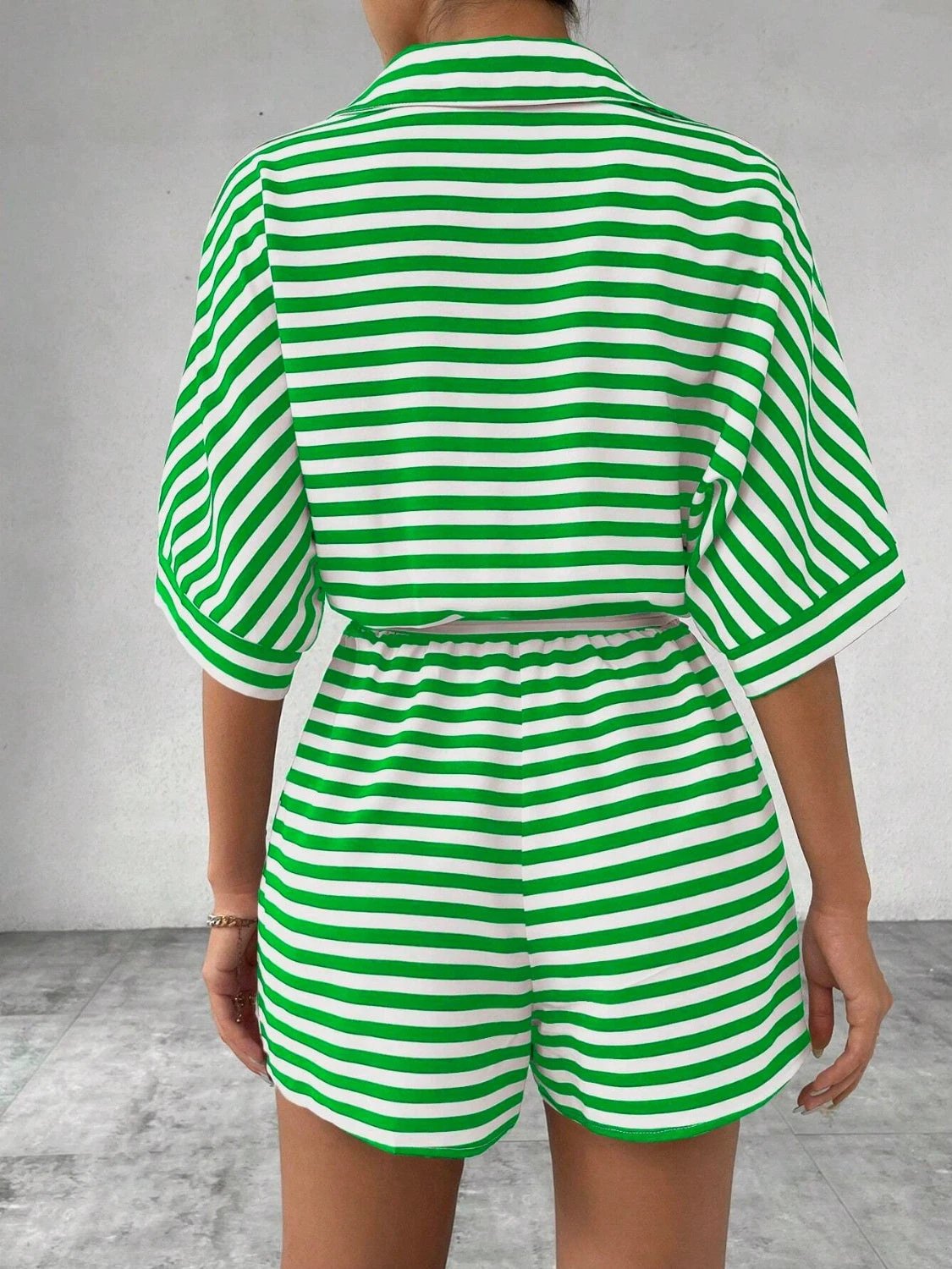 Tie Waist Half Button Striped Romper by VYSN