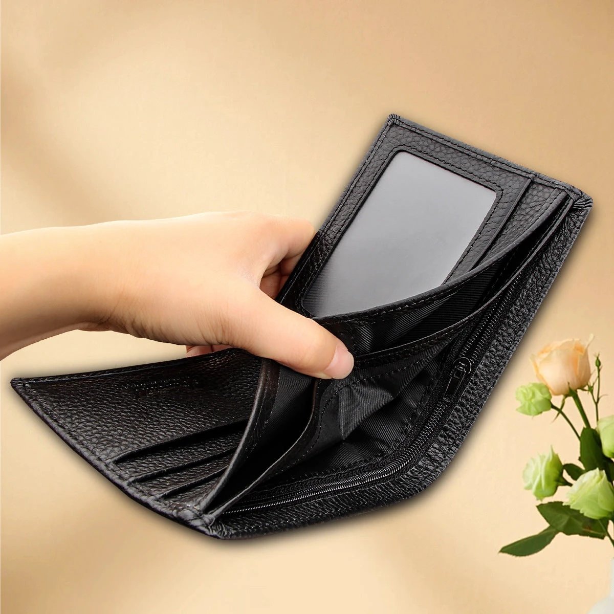 Black Men's Genuine Leather Wallet Cowhide Short Bifold by GJG Denim