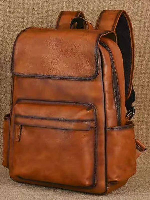 Flip-Top Design Multi-Pocket High-Capacity Commuter Leather Backpack For Men by GJG Denim