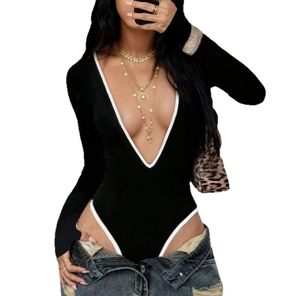 Black Deep V-neck High Elastic Jumpsuit by GJG Denim