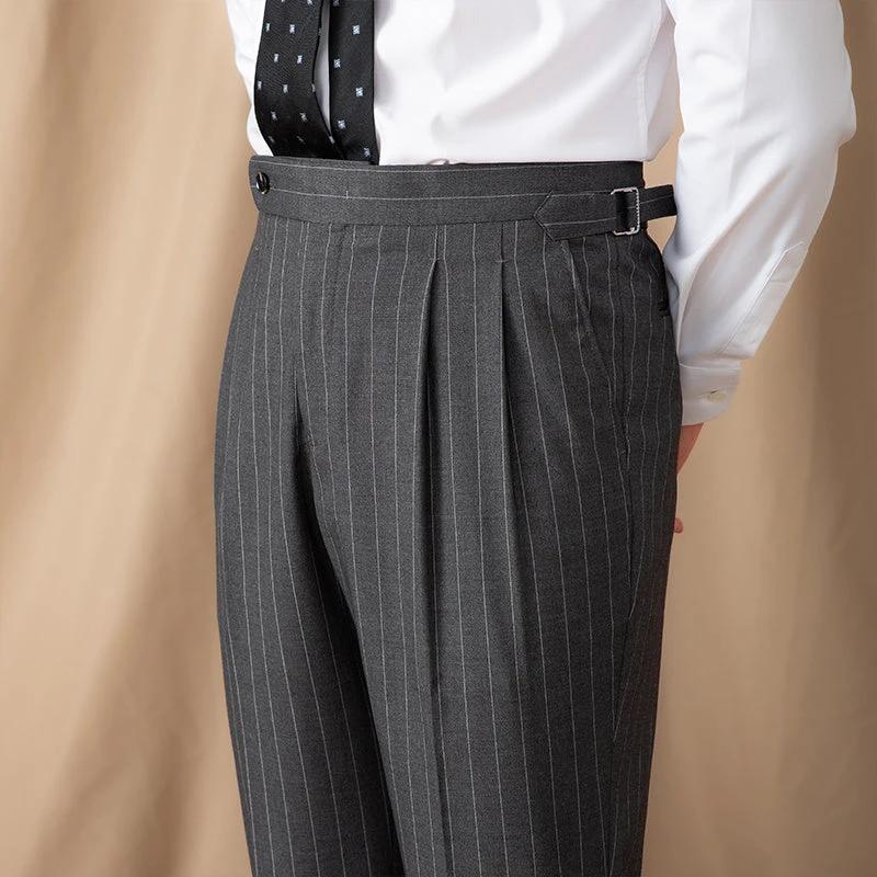 Men's Thin High Waist Straight British Striped Gentry Business Casual Pants by GJG Denim