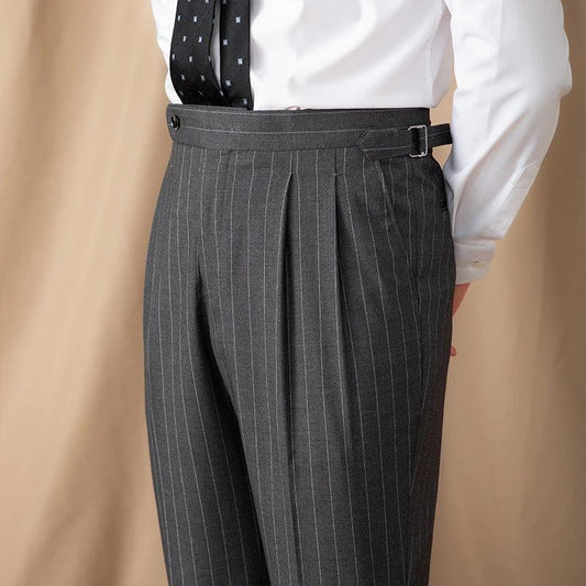 Men's Thin High Waist Straight British Striped Gentry Business Casual Pants by GJG Denim