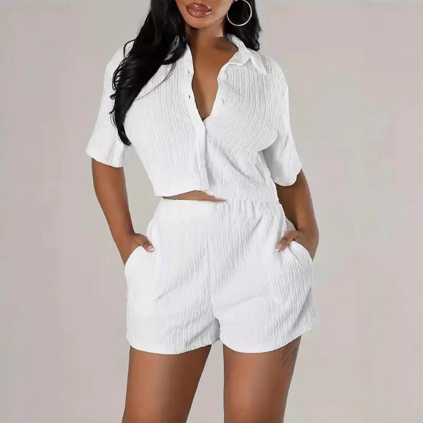 Fashionable Casual Short-Sleeve Shirt Set Single-Breasted Solid Color Pleated Two-Piece Suit by GJG Denim