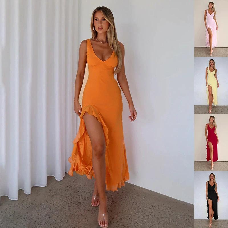 Women's Ruffles Split Suspender Dress Sexy Slim-fit V-neck Evening Party Dresses Clothing by GJG Denim