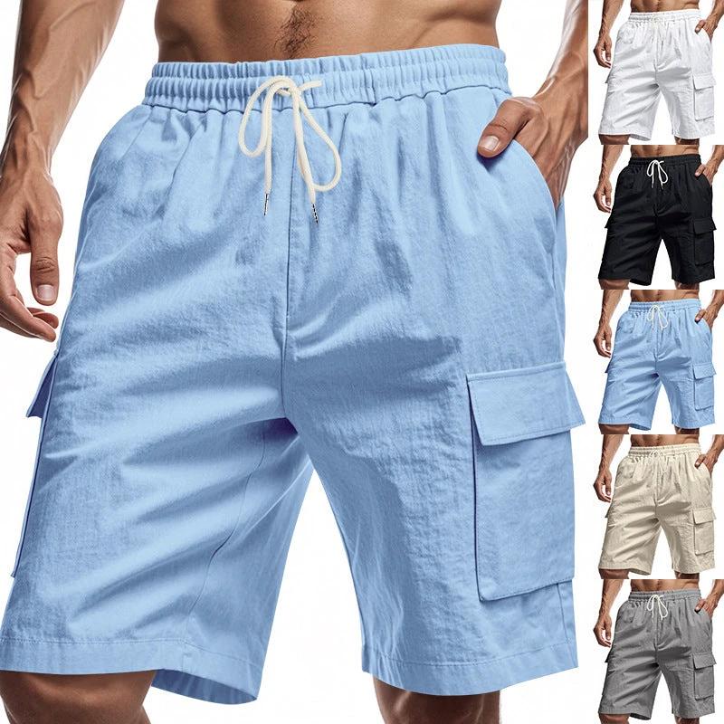 Loose Sports And Leisure Solid Color Linen Drawstring Shorts by GJG Denim