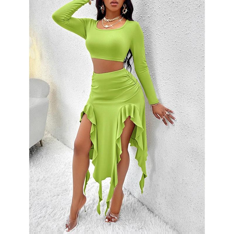 Women Summer 2 Piece Skirt Sets Long Sleeve Square Neck Crop Top Ruffle Trim Irregular Split Sexy Club Party Skirt Outfits by GJG Denim