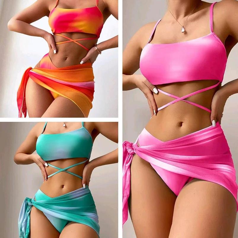 3pcs Tie Dye Print Bikini With Short Skirt Summer Beach Sexy Swimwear Womens Clothing by GJG Denim