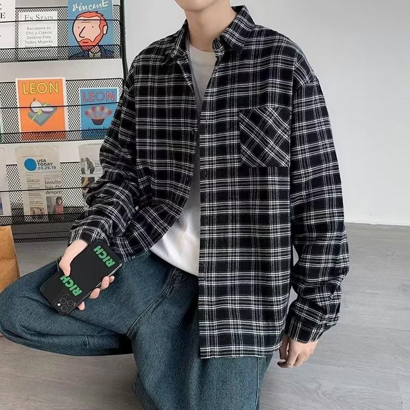 Men's Loose And Casual Black Plaid Long Sleeve Shirt by GJG Denim