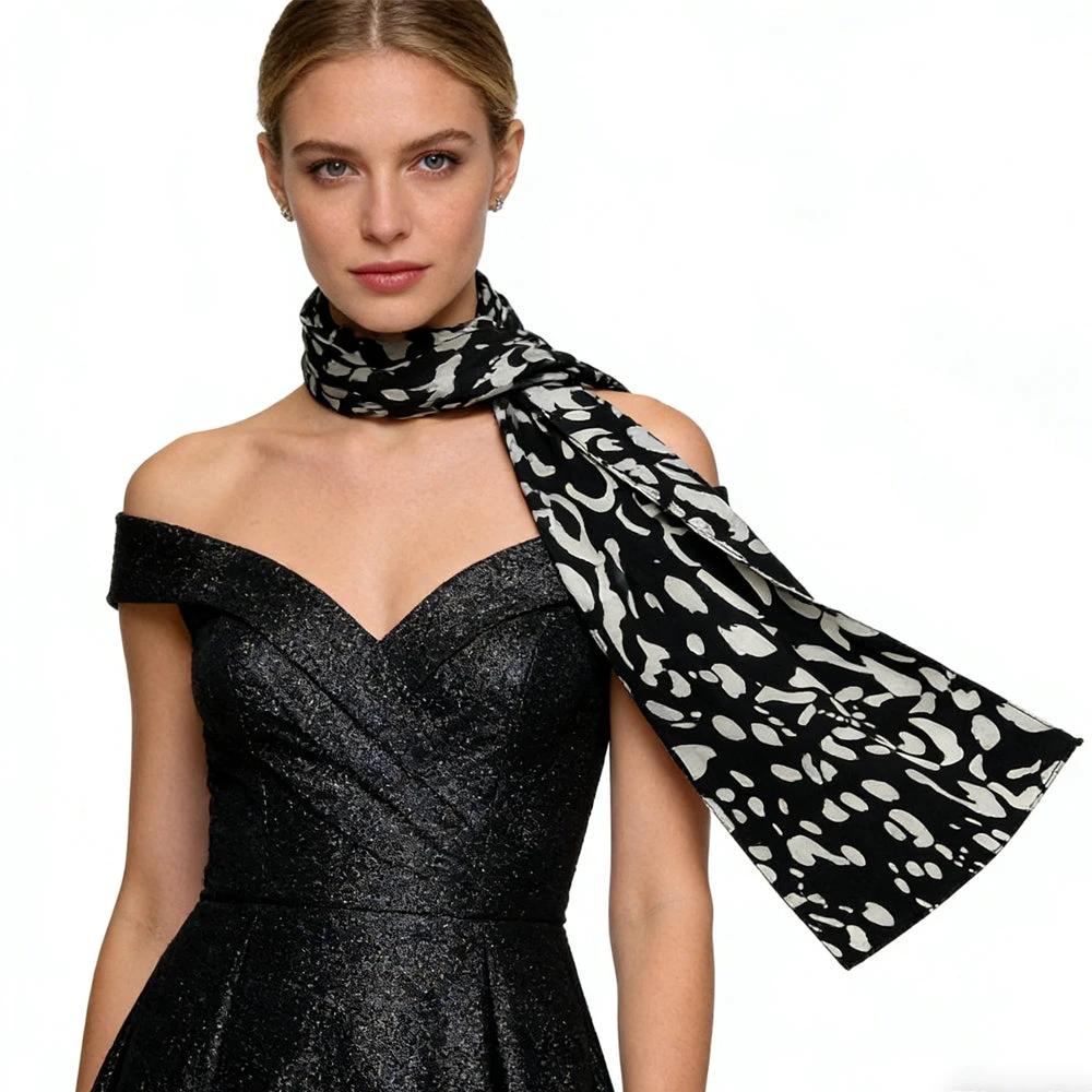 Black & White Printed Viscose Scarf - Abstract Long Scarf 79inchx9inch by GJG Denim