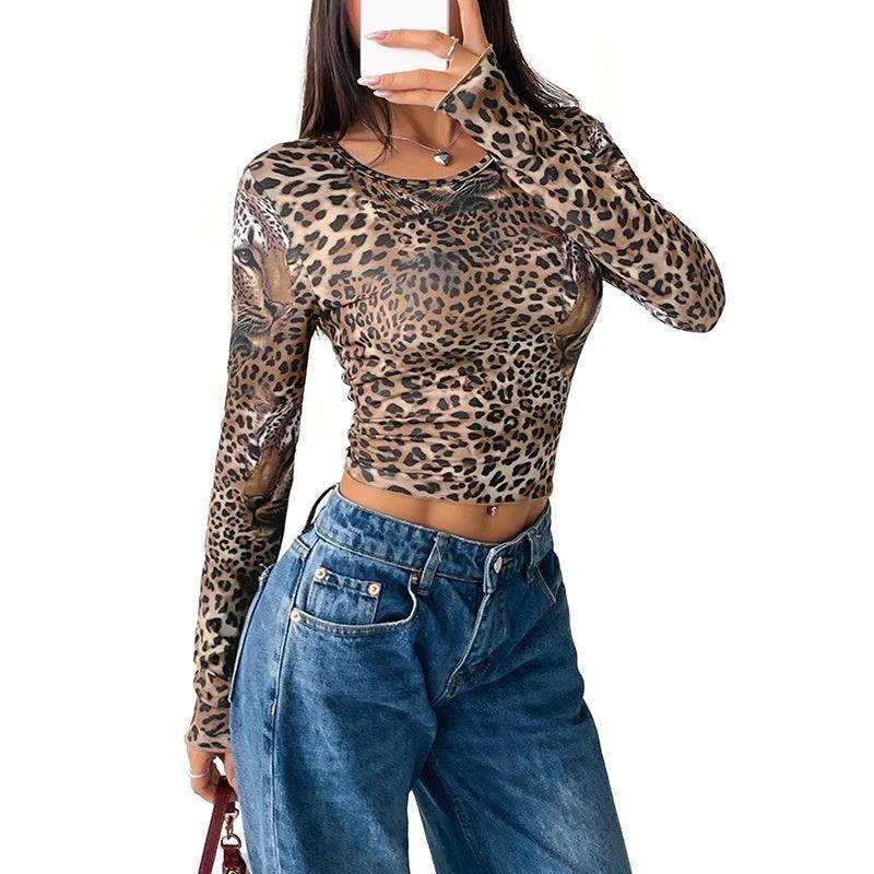 Women's Vintage Leopard Print Long-sleeved T-shirt by GJG Denim