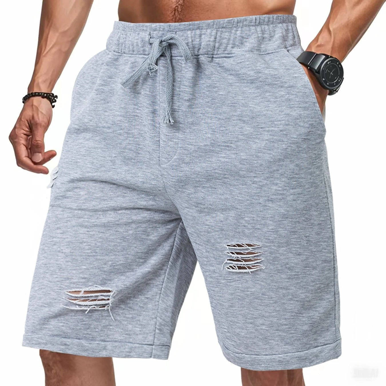 Ripped Casual Knitted Loose Fifth Solid Color Terry Sports Pants by GJG Denim