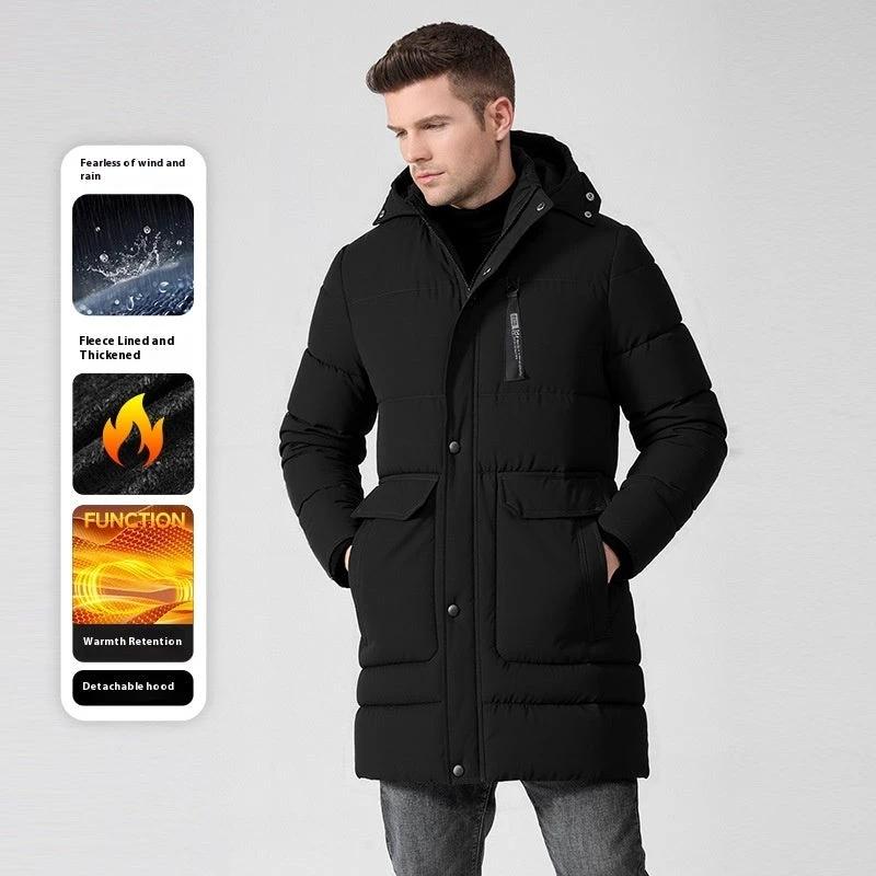 Men's Fleece-lined Thick Long Section Cotton-padded Coat by GJG Denim