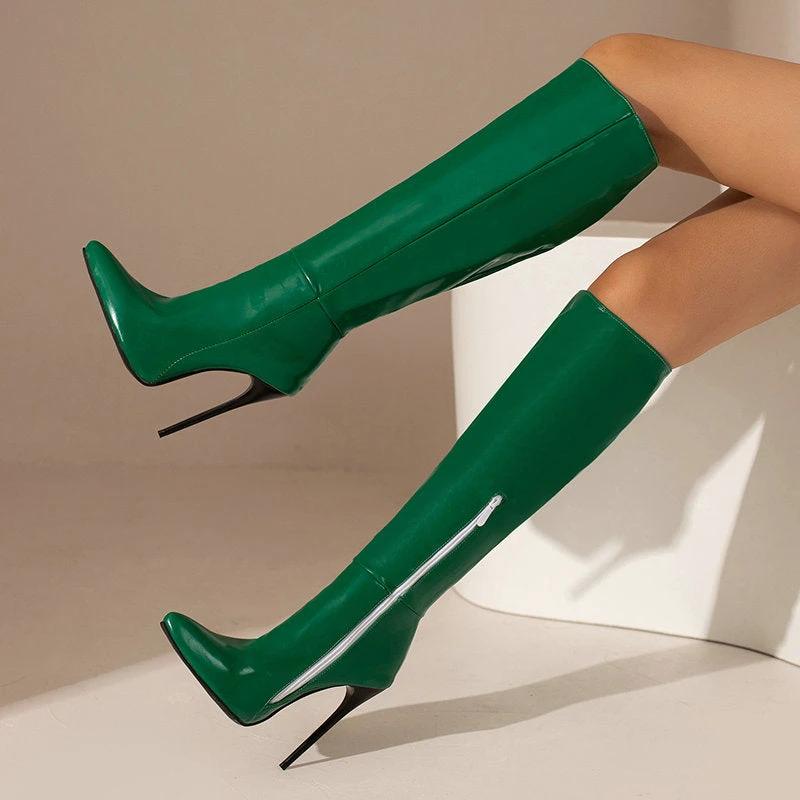 Autumn And Winter New Women Pointed Toe Stiletto Heel Side Zipper Below The Knee Boots by GJG Denim