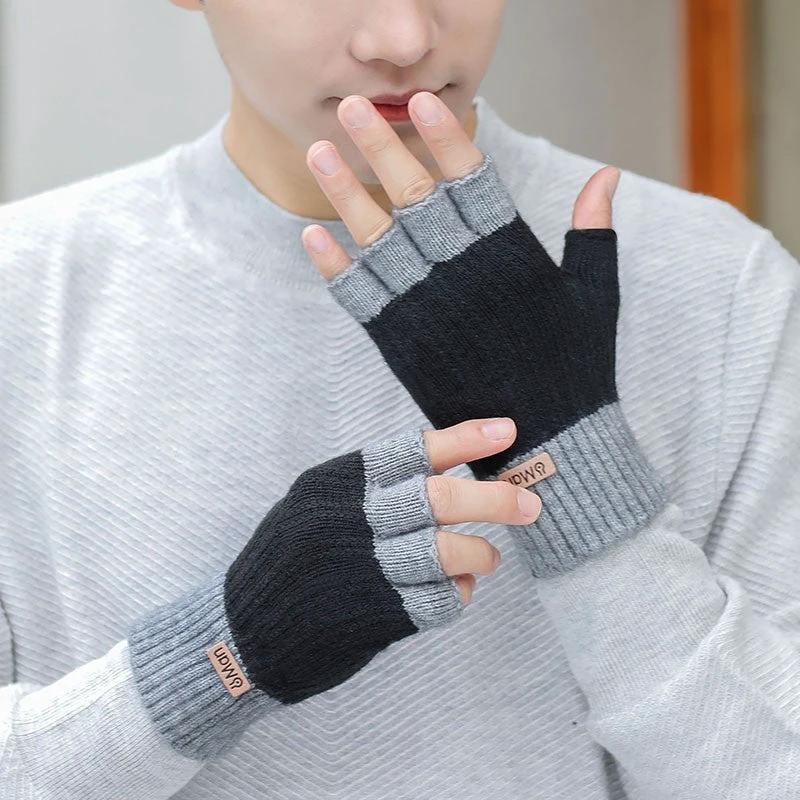 Men's Thick Knitted Half Finger Gloves by GJG Denim
