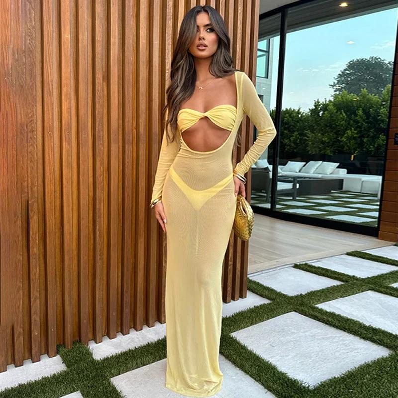 Sexy See-through Temptation Midriff Outfit Bandeau Slim-fit Long Sleeve Tight Dress by GJG Denim