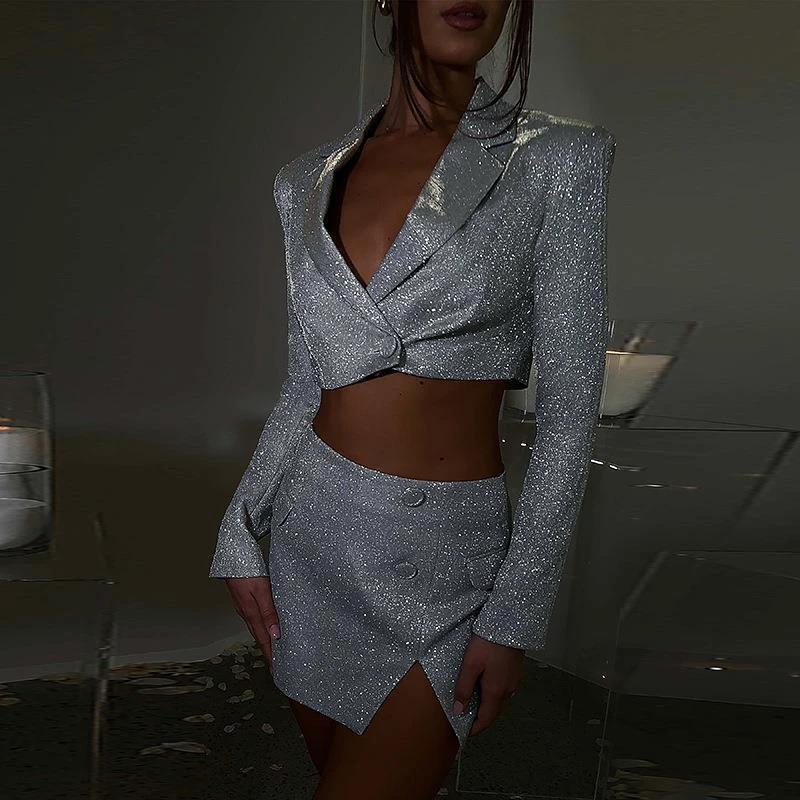 V-neck Long Sleeve Shiny Top Skirt Two-piece Suit by GJG Denim