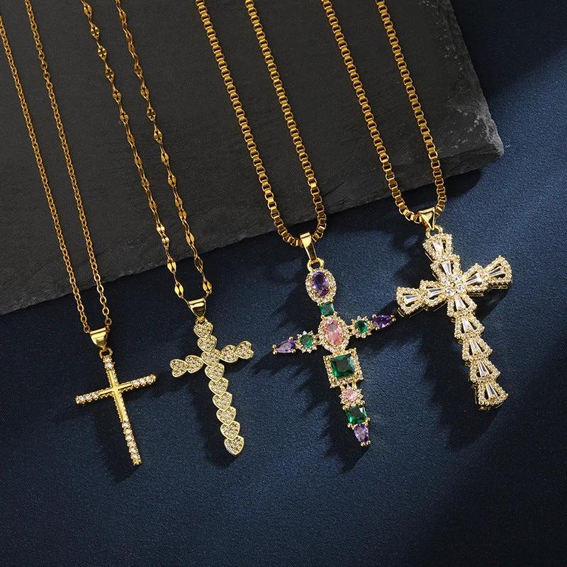 Gold Tone Zircon Cross Necklace For Men by GJG Denim