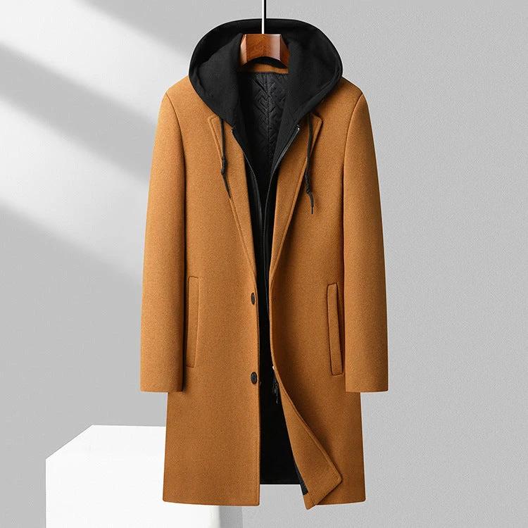 Men's Detachable Hooded Mid-length Woolen Trench Coat by GJG Denim